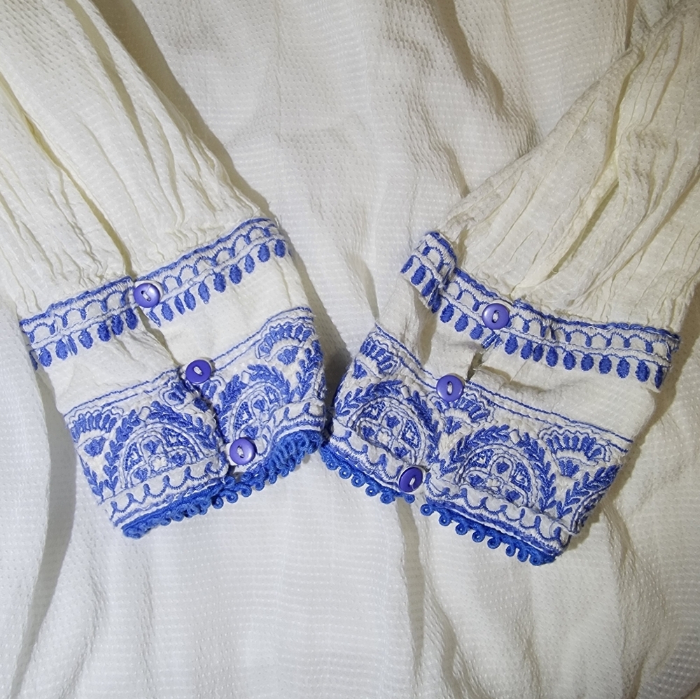Free People Erin Embroidered Smocked Mini Dress Size Large White and Blue - Picture 10 of 16